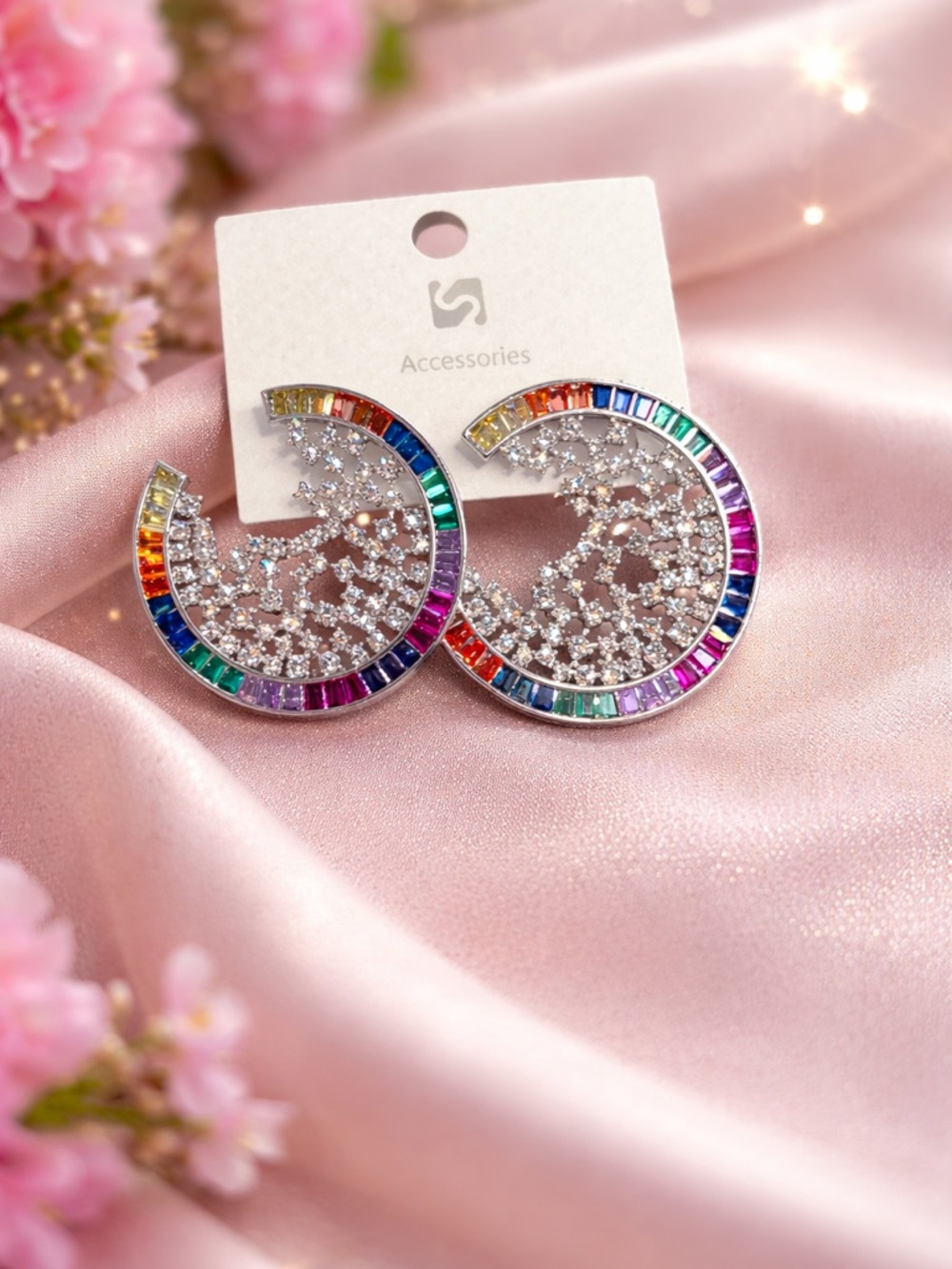 18k over copper Rainbow cz Hoop Earrings -Multicolor 925 posts excellent quality